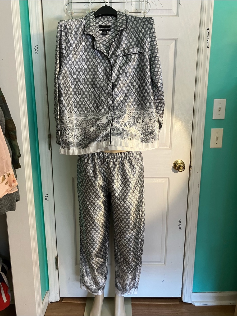 Black and White Paisley-Trim Pajama Set - Button-Front Top & Elastic-Waist Pants